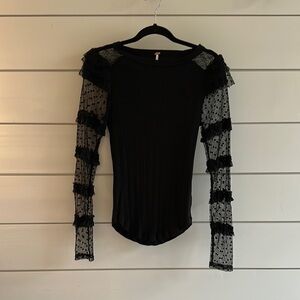 Free People Black Ruffled Fitted Bodysuit